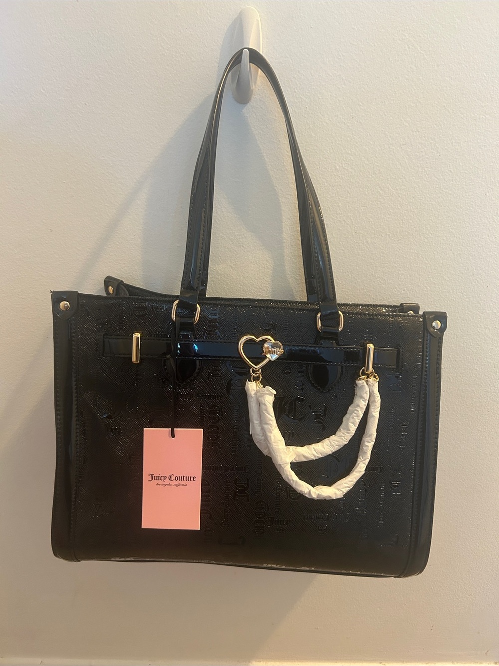 Juicy Couture Black Patent Satchel with Gold Heart Charm and Pink Tag